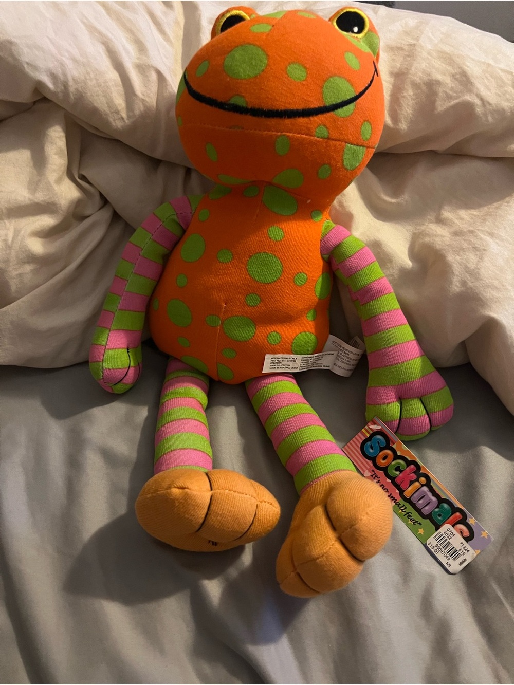 Sockimals Plush Frog - Orange & Green Polka Dot with Pink/Green Striped Limbs